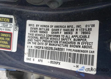 2006 Honda Civic Lx from USA, damaged, VIN 1HGFA16526L048091